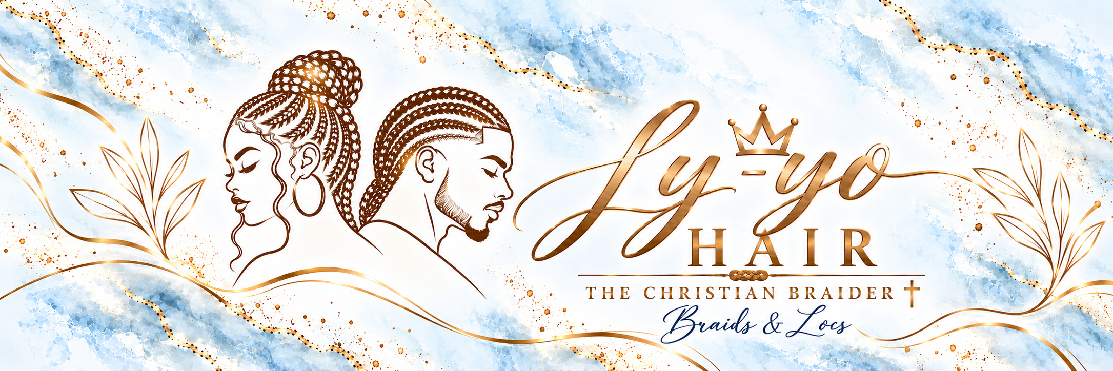 Ly-Yo Hair met gevlochten portretten, het gouden logo, The Christian Braider met een gouden kruis en Braids & Locs op wit en lichtblauw marmer